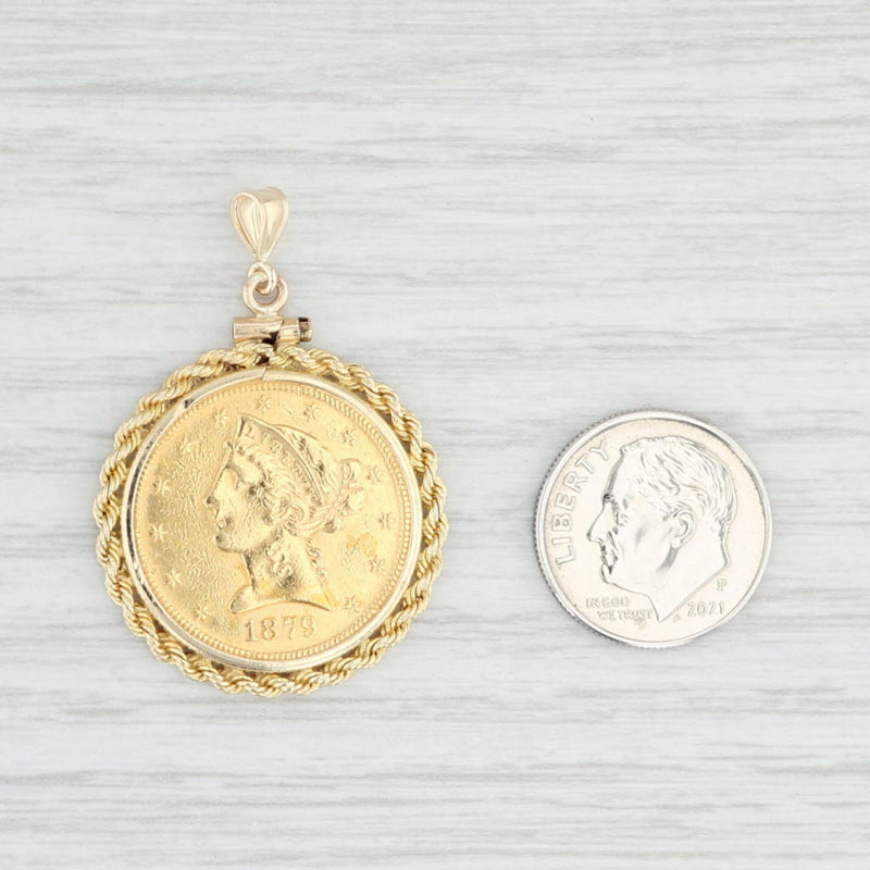 Light Gray 1879 5 Dollar Gold Liberty Coin Pendant 14k 900 Rope Bezel Collector Keepsake
