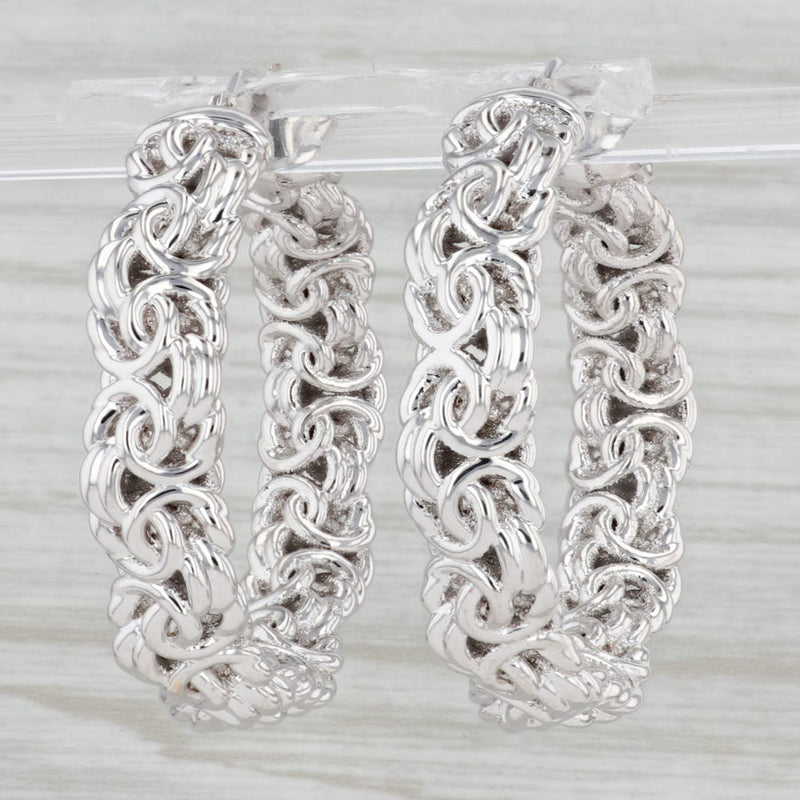Light Gray Byzantine Hoop Earrings 14k White Gold Snap Top Round Hoops Statement