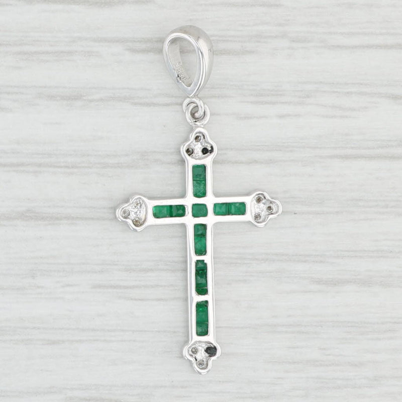 Light Gray 0.42ctw Emerald Diamond Cross Pendant 14k White Gold May Birthstone