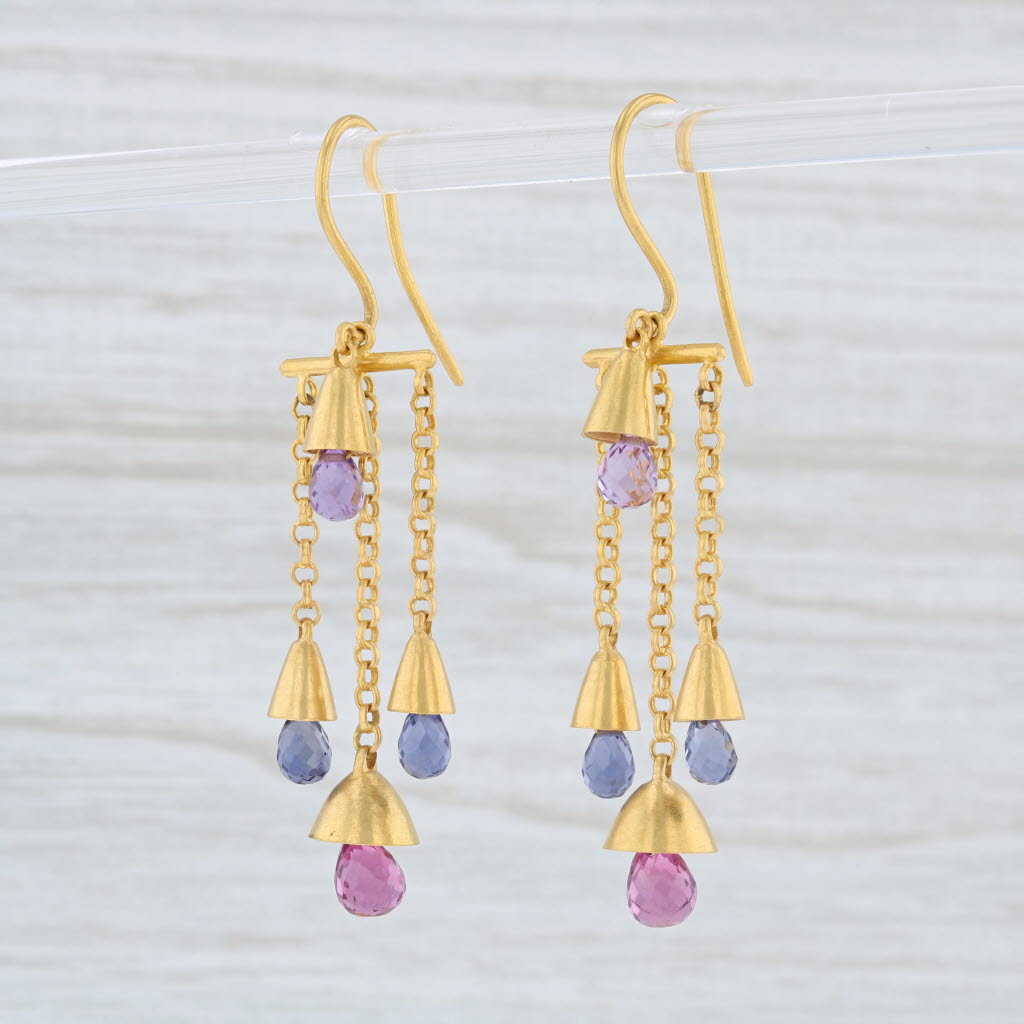 Light Gray Marie Helene de Taillac Gemstone Briolette Bell Earrings 18k 22k Gold Amethyst