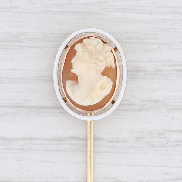 Light Gray Cameo Stickpin 14k Yellow Gold Carved Shell Enamel Vintage Pin