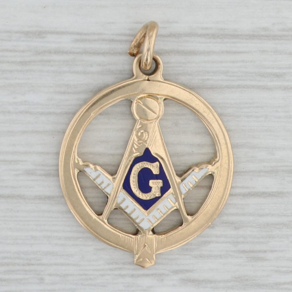 Gray Antique Masonic Blue Lodge Square Compass Pendant 14k Yellow Gold Enamel Charm