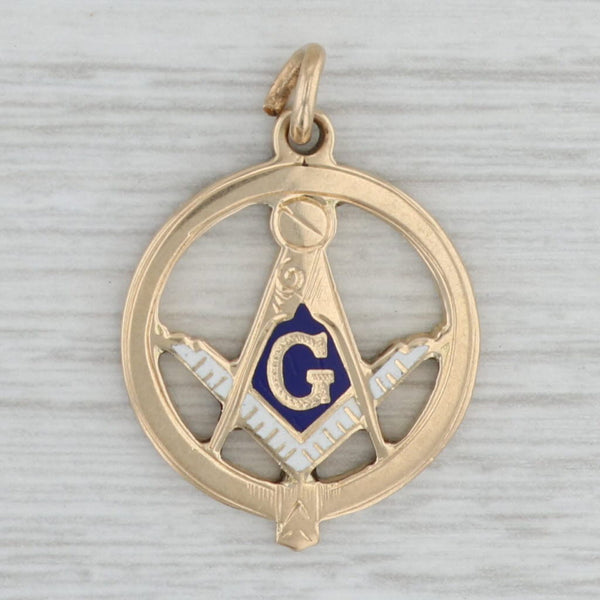 Gray Antique Masonic Blue Lodge Square Compass Pendant 14k Yellow Gold Enamel Charm
