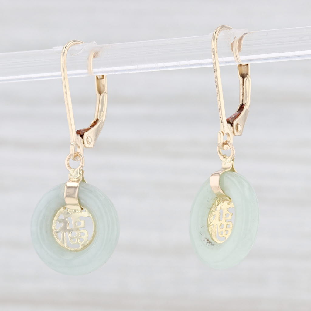 Light Gray Jadeite Jade Tori Earrings 14k Yellow Gold Chinese Character Good Luck Dangles