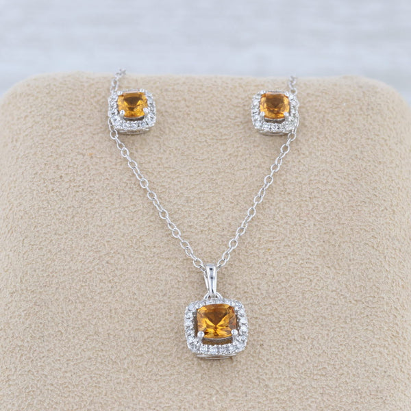 Gray 1.14ctw Orange Citrine Diamond Halo Earrings Necklace Set Sterling Silver 18"