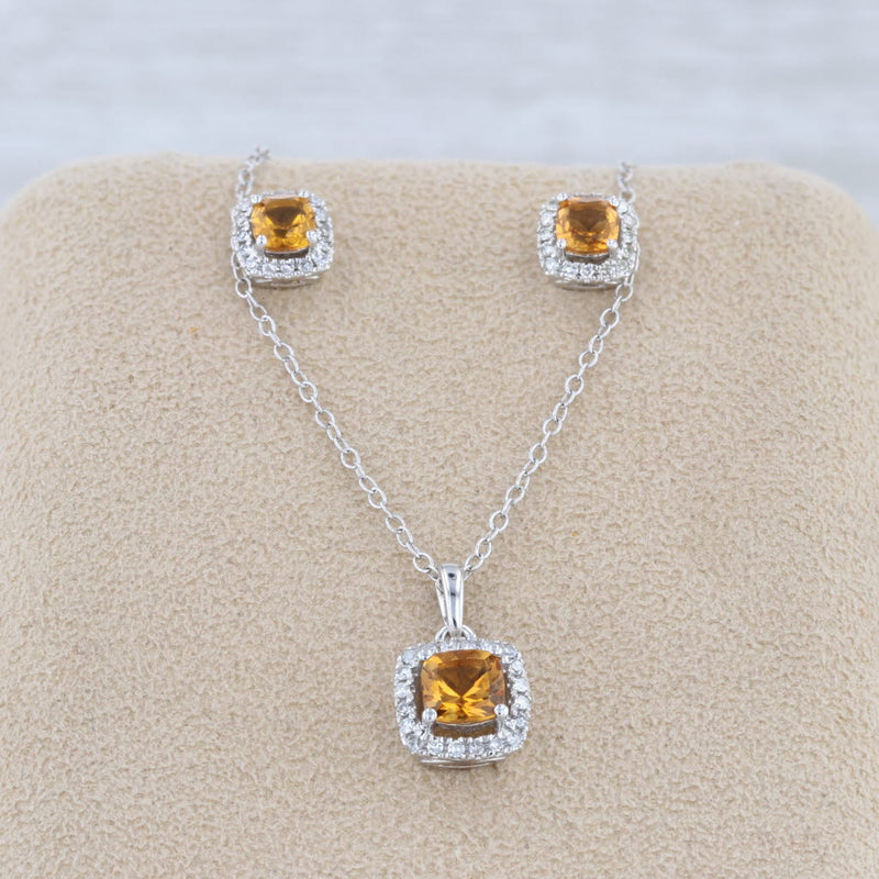 1.14ctw Orange Citrine Diamond Halo Earrings Necklace Set Sterling Silver 18"