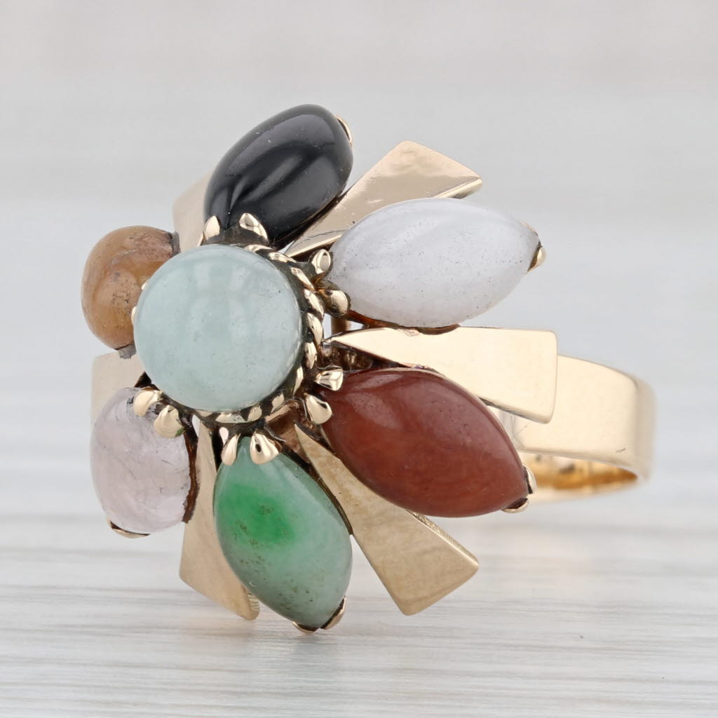 Light Gray Nephrite & Jadeite Jade Flower Ring 14k Yellow Gold Size 6.25 Cocktail Size 6.25