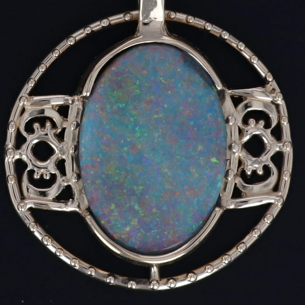 Black Multi-Color Opal Doublet Solitaire Pendant 18k Yellow Gold Ornate Statement