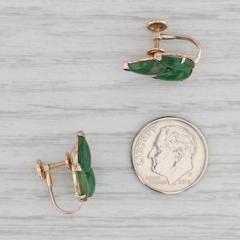 Gray Vintage Green Jadeite Jade Earrings 14k Yellow Gold Non Pierced Screw Back