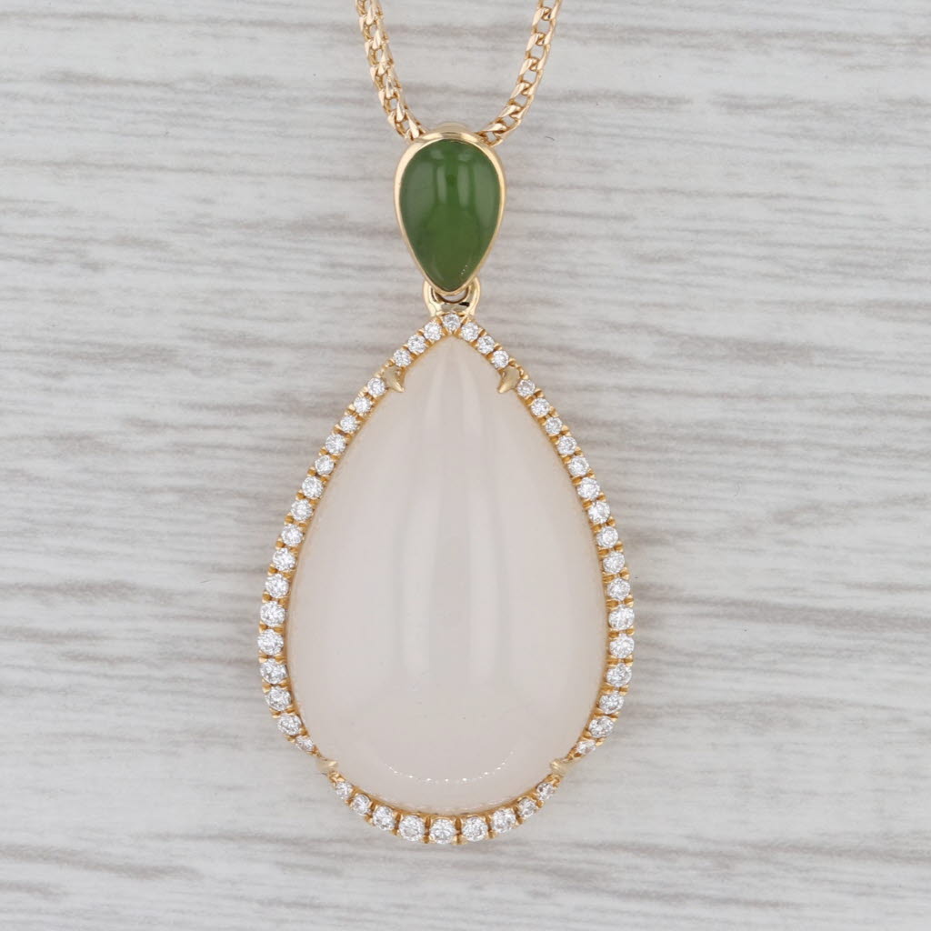 Gray Nephrite Jade Teardrop Diamond Halo Pendant Necklace 14k Yellow Gold 17.5"