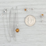 1.14ctw Orange Citrine Diamond Halo Earrings Necklace Set Sterling Silver 18"