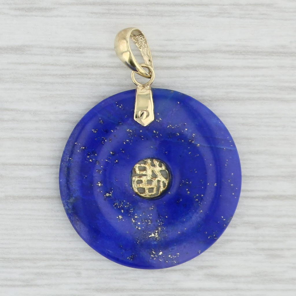 Light Gray Chinese Good Luck Blue Lapis Lazuli Hololith Pendant 14k Yellow Gold