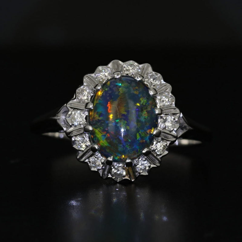 Black Opal Triplet Cabochon Diamond Halo Ring 14k White Gold Size 10