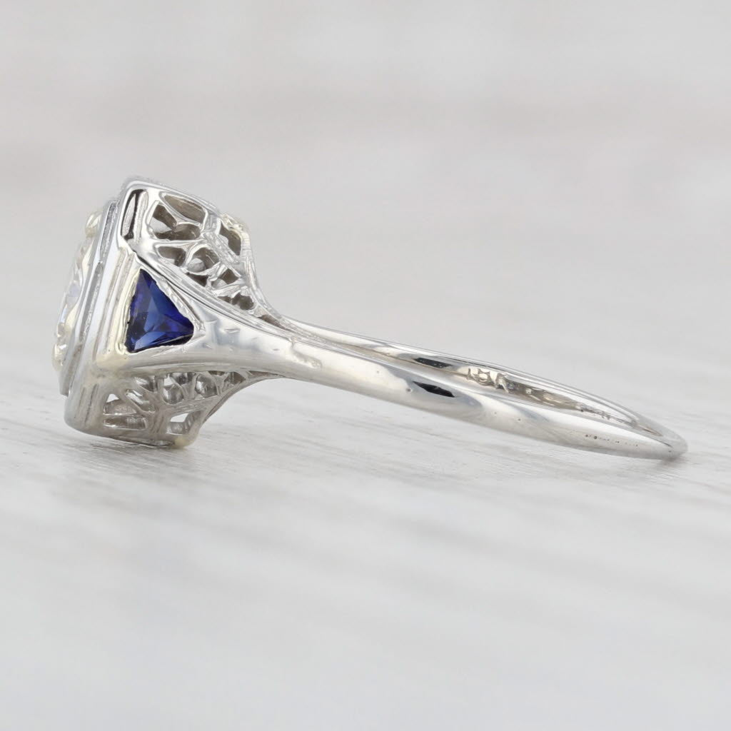 Light Gray Art Deco 0.41ctw Diamond Synthetic Sapphire Ring 18k White Gold Engagement