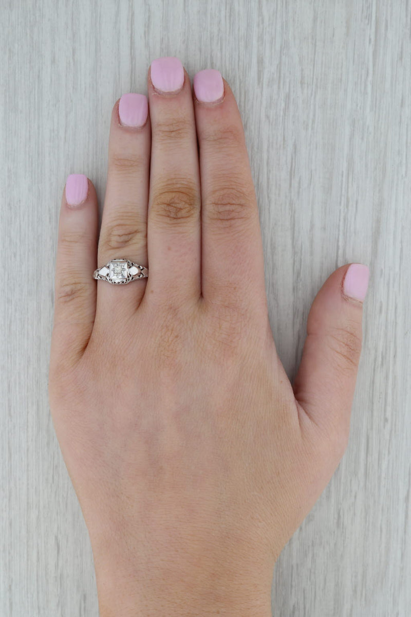 Dark Gray Art Deco VS2 Diamond Engagement Ring 14k White Gold Filigree Size 5.25