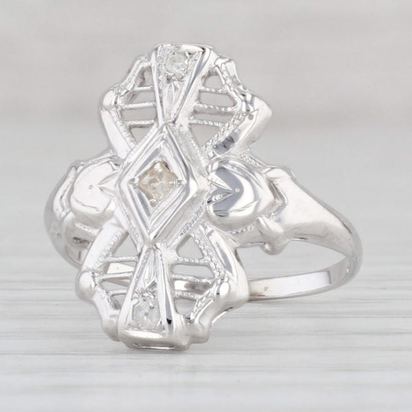 Light Gray Art Deco Diamond Ring 14k White Gold Size 5.75 Filigree Openwork
