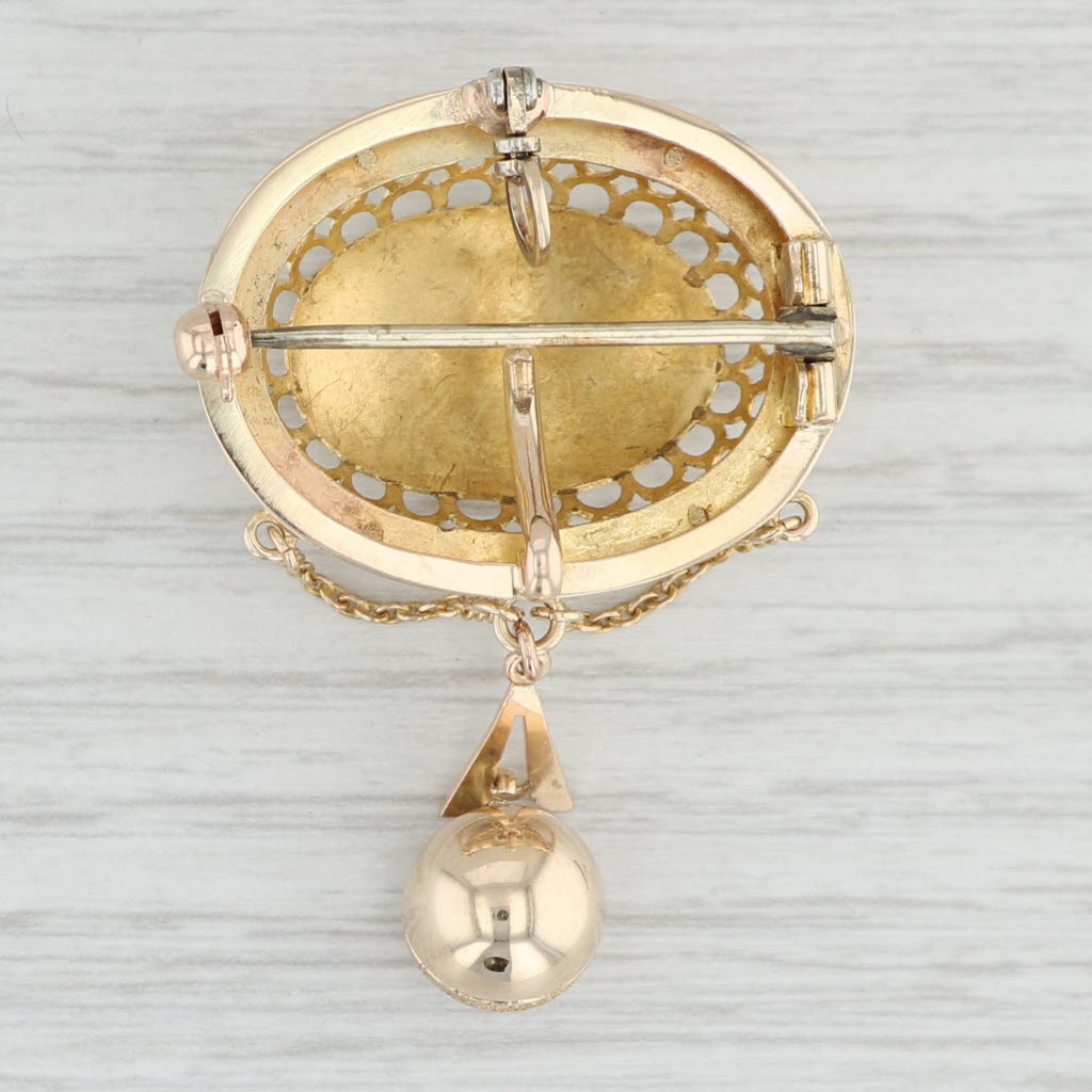 Light Gray Antique Pendant Brooch 14k Yellow Gold Enamel Ornate