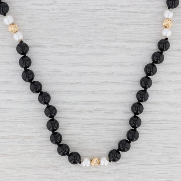 Light Gray New Cultured Pearl Onyx Bead Necklace 14k Gold 30.5" Strand Long Statement