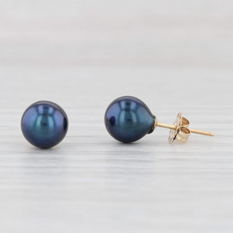 Light Gray Cultured Blue Black Pearl Bead Stud Earrings 14k Yellow Gold