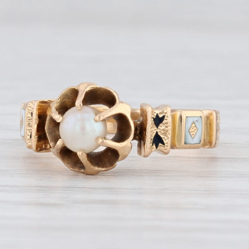 Light Gray Victorian Pearl Solitaire Ring 18k Yellow Gold Size 3.75 Antique Enamel Floral