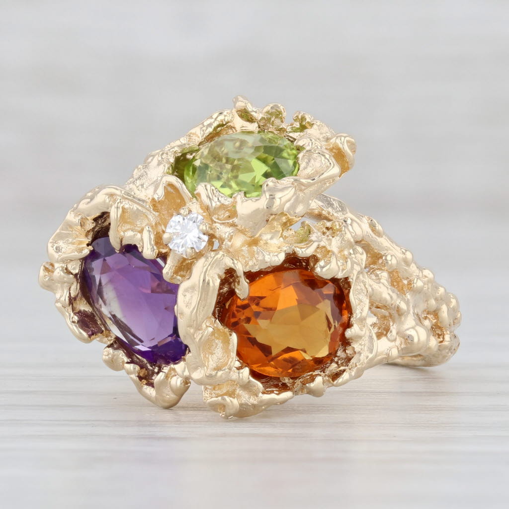 Light Gray 3-Stone Peridot Amethyst Citrine Diamond Ring 14k Gold Size 7 Gemstone Cocktail