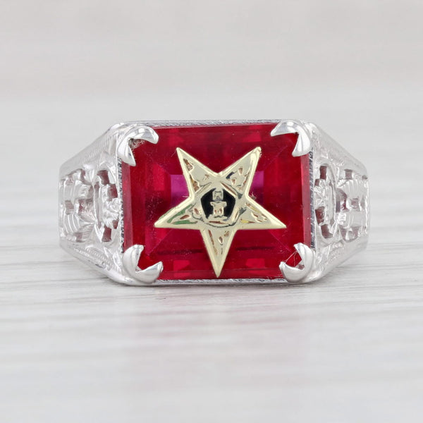 Light Gray Ornate Order Eastern Star Synthetic Ruby 14k White Gold Size 5.5 Masonic