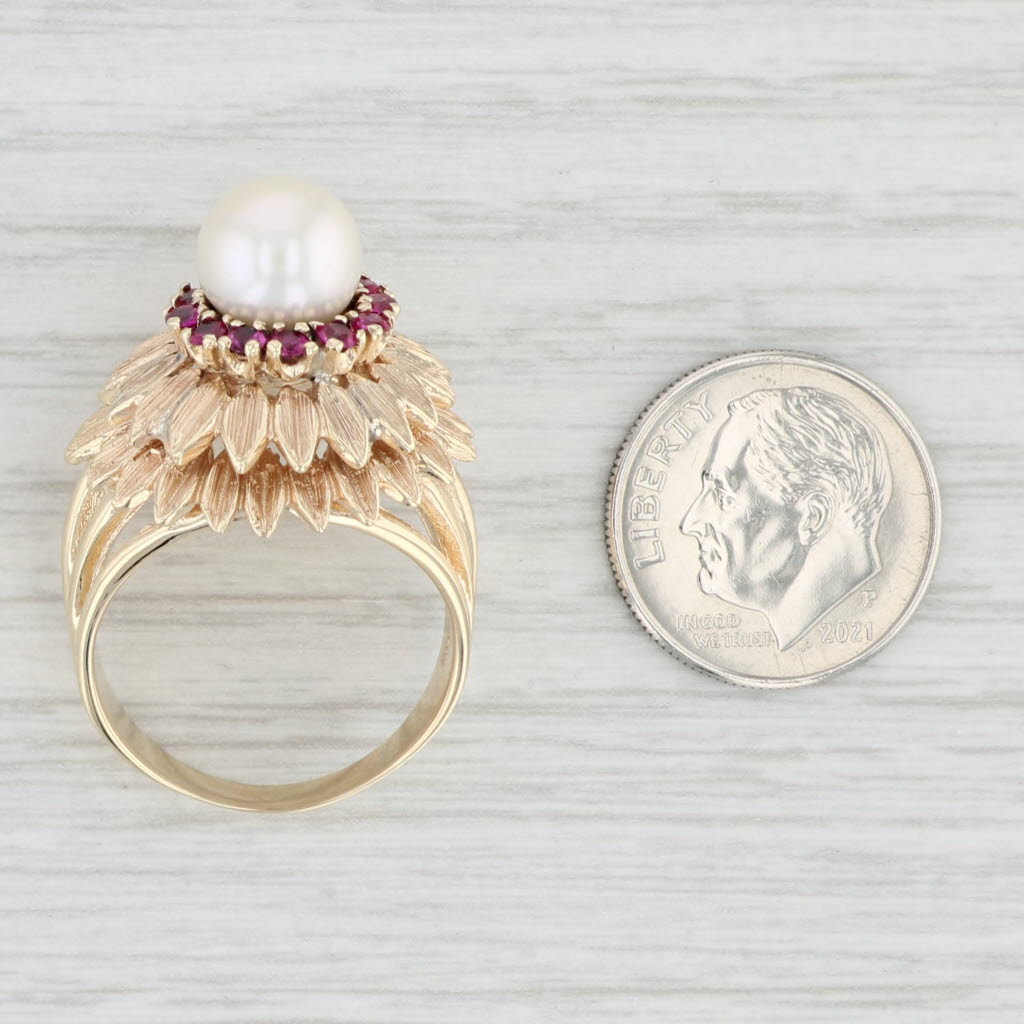 Light Gray Cultured Pearl Lab Created Ruby Flower Cocktail Ring 14k Yellow Gold Size 8.25