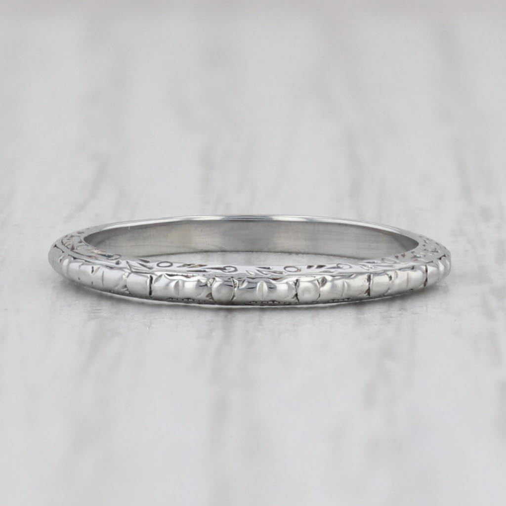 Light Gray Art Deco Floral Wedding Band 18k White Gold Size 4.5 Ring Stackable