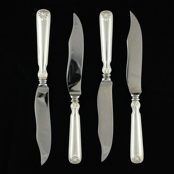 Black Tiffany & Co Shell & Thread 4 Fish Knives Sterling Silver 1905 7 7/8" Knife