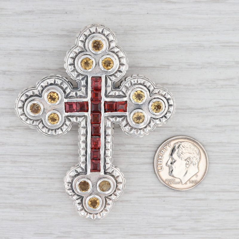 Light Gray 8.45ctw Gemstone Cross Pendant 925 Sterling Silver Citrine Garnet Brooch Barse