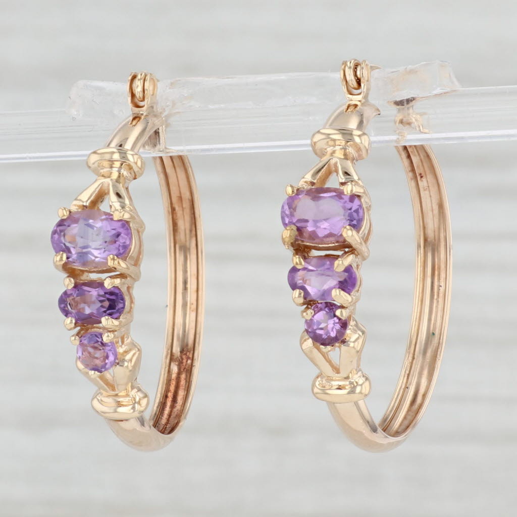 Light Gray 1.50ctw 3-Stone Amethyst Hoop Earrings 10k Yellow Gold Snap Top Posts