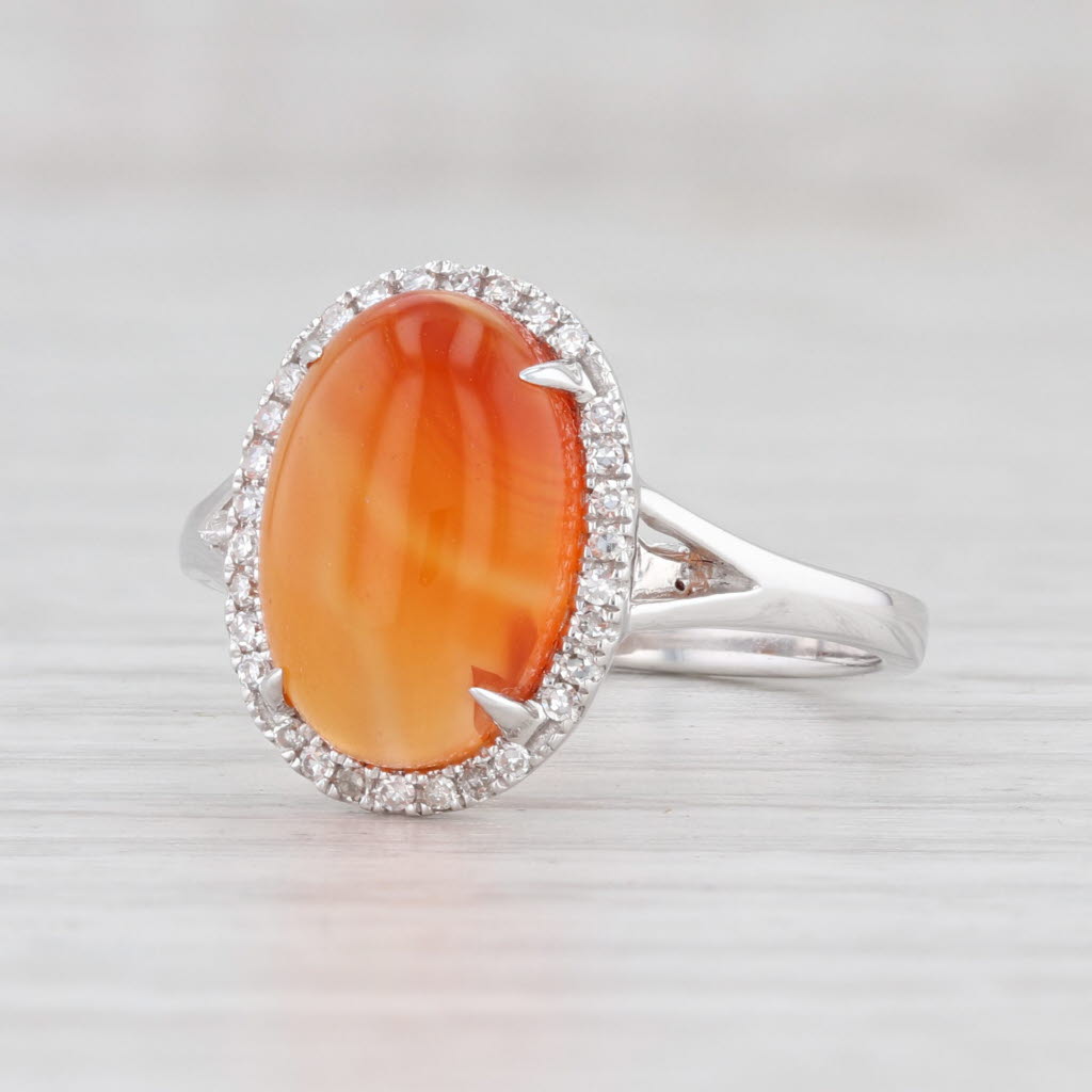 Light Gray New Orange Agate Diamond Halo Ring 14k White Gold Size 7.25 Oval Cabochon