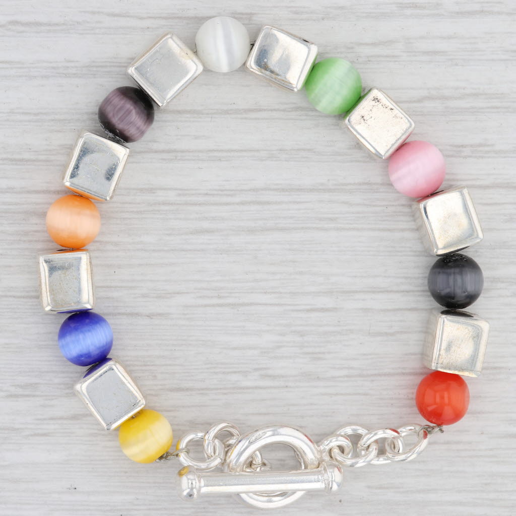 Light Gray New Bead Statement Bracelet Multi Color Glass Sterling Silver 7” Toggle Clasp