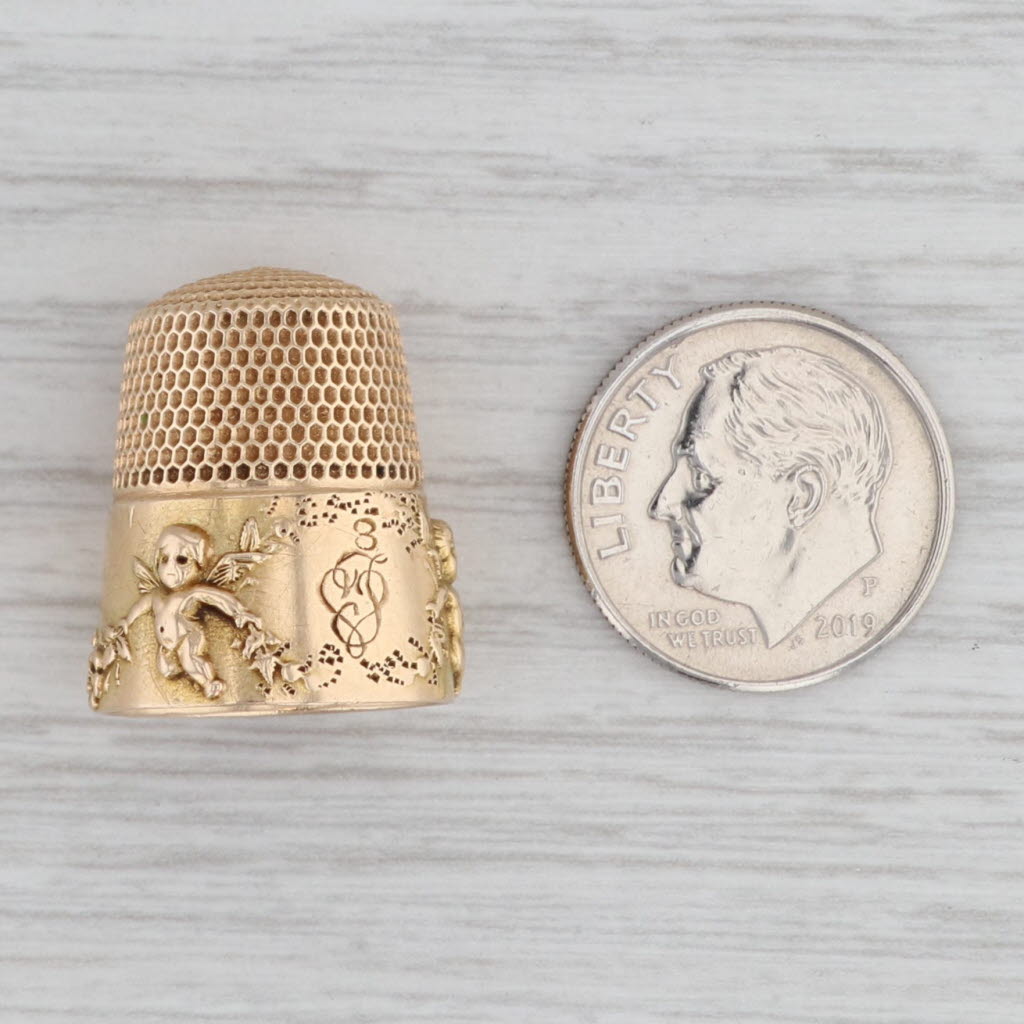 Gray Vintage Simons Bros Cherub Thimble 14k Yellow Gold Letter T Heart Size 8