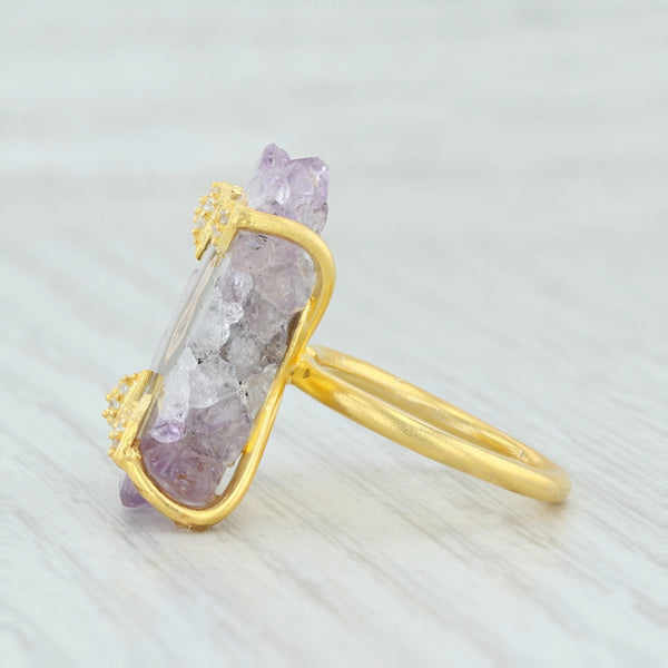 Light Gray New Amethyst Geode Crystal Ring Sterling 18k Gold Plated Adjustable Size