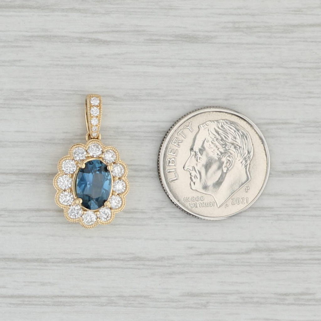 Light Gray New Blue Sapphire Diamond Halo Pendant 18k Yellow Gold Gemstone Flower Drop