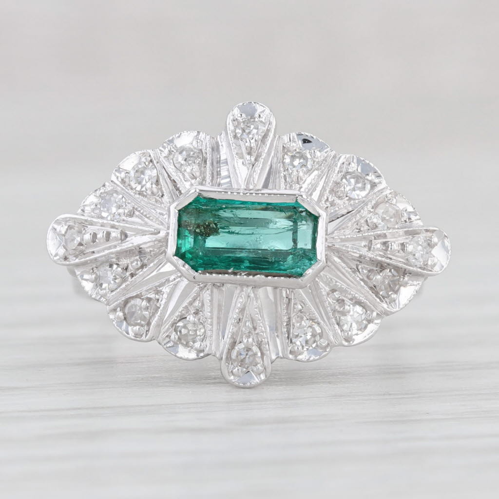 Vintage 0.73ctw Emerald Diamond Halo Ring 18k White Gold Size 5.25