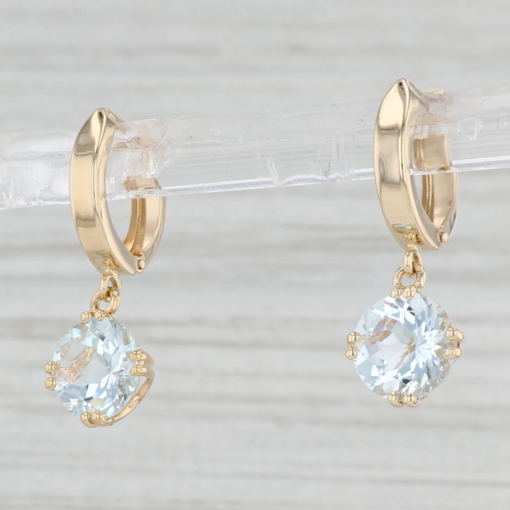 Light Gray 3.60ctw Round Aquamarine Dangle Hoops Earrings 14k Yellow Gold March Birthstone