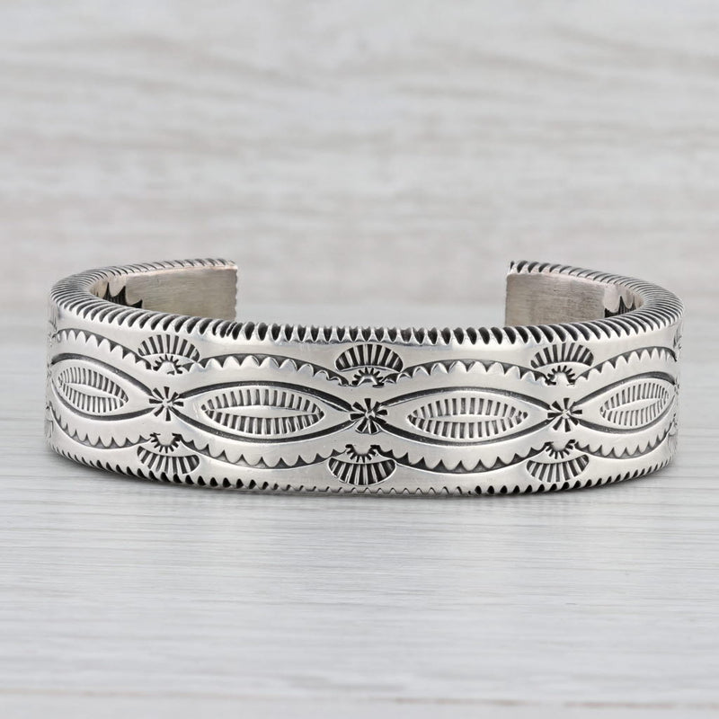 Light Gray Native American Stamped Pattern Cuff Bracelet Sterling Silver Alice McShirley
