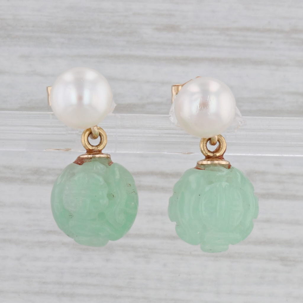 Gray Cultured Pearl Green Glass Carved Flower Bead Earrings 14k Yellow Gold