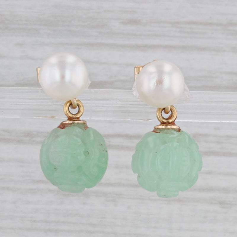 Cultured Pearl Green Glass Carved Flower Bead Earrings 14k Yellow Gold