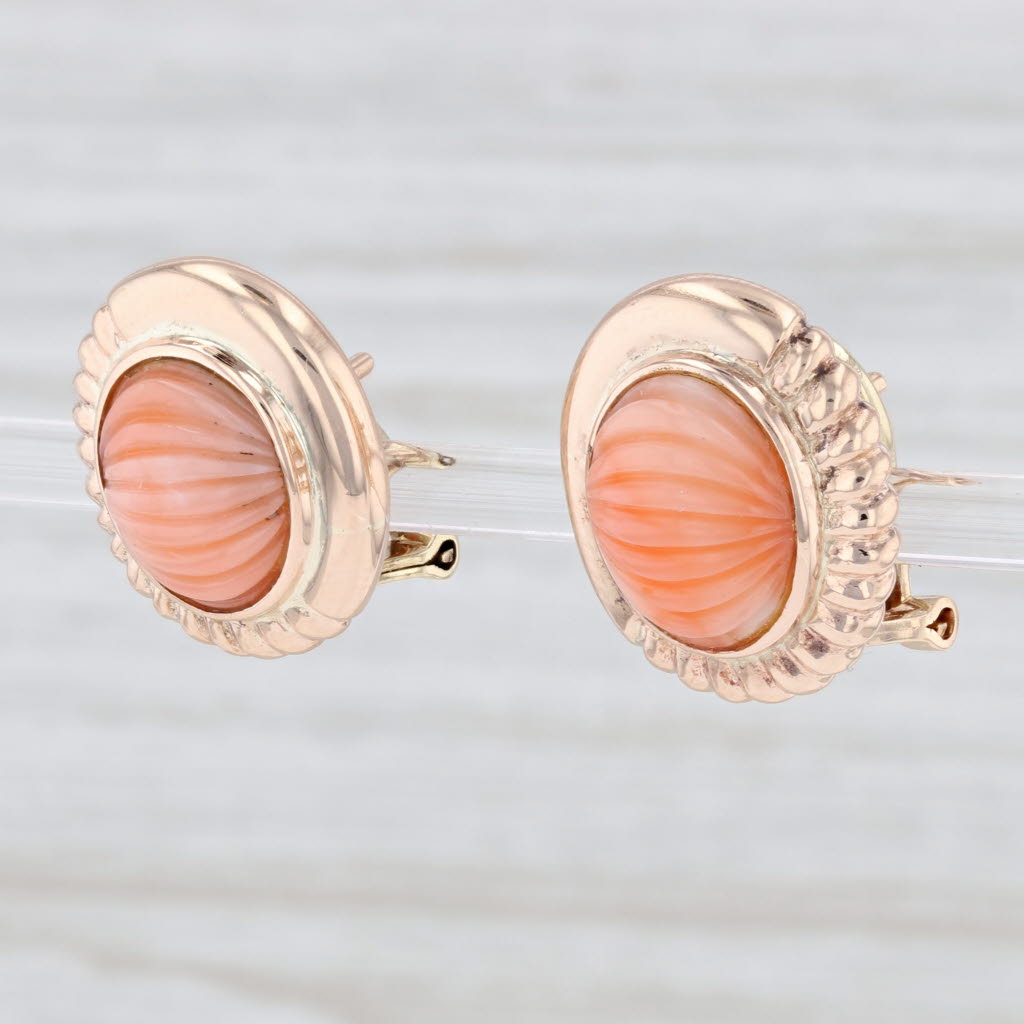 Light Gray Carved Coral Cabochon Stud Earrings 14k Rose Gold Pierced Omega Backs