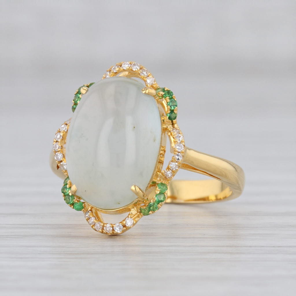 Gray Jadeite Jade Diamond Tsavorite Garnet Halo Ring 18k Yellow Gold Size 6.25