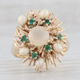 Light Gray Cultured pearl Emerald Chalcedony Cocktail Ring 14k Yellow Gold Size 10.5