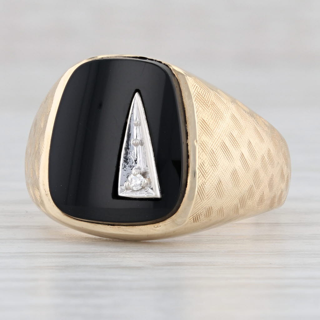 Light Gray Onyx Diamond Signet Ring 14k Yellow Gold Size 10.5 Vintage Men's