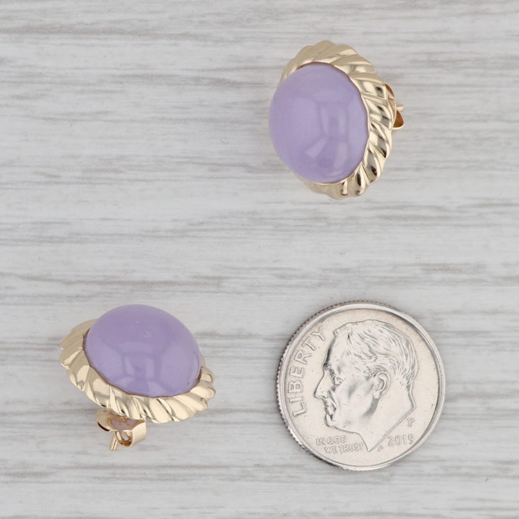 Gray Lavender Jadeite Jade Stud Earrings 14k Yellow Gold Round Cabochon Studs