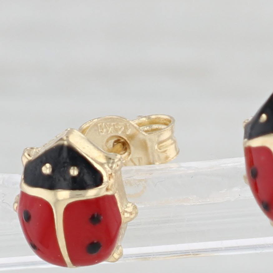 Light Gray Ladybug Stud Earrings 14k Yellow Gold Enamel Insect Bug Jewelry Pierced Studs