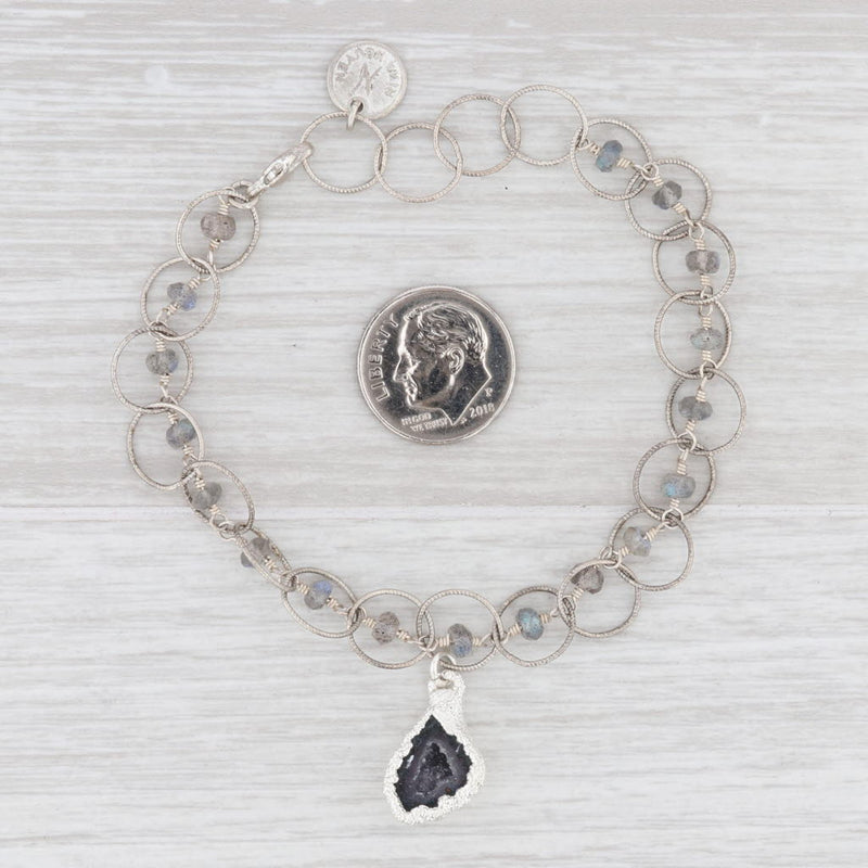 Light Gray New Nina Nguyen Druzy Geode Quartz Labradorite Bead Charm Bracelet 7.5" Sterling
