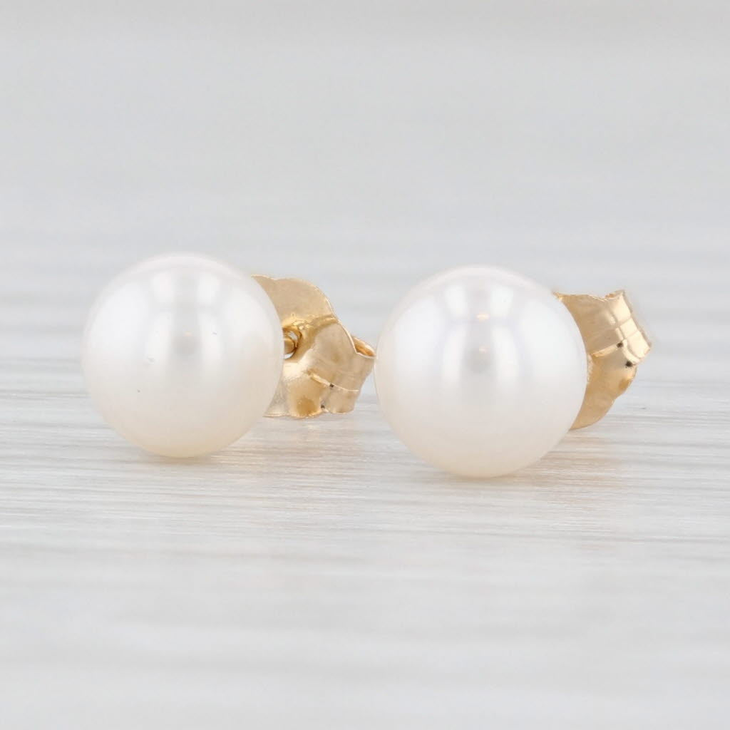 Light Gray Cultured Pearl Bead Stud Earrings 14k Yellow Gold June Birthstone