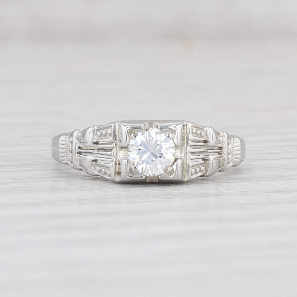 Light Gray Art Deco 0.30ct Diamond Engagement Ring 18k White Gold Round Brilliant Solitaire